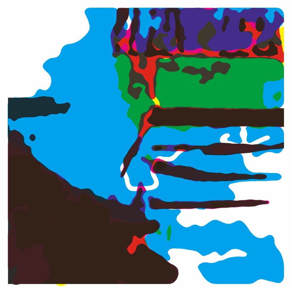 Digital image created by shuffling colour separation files when recombining. Simulation of effect of using stencils made by digital cutter.