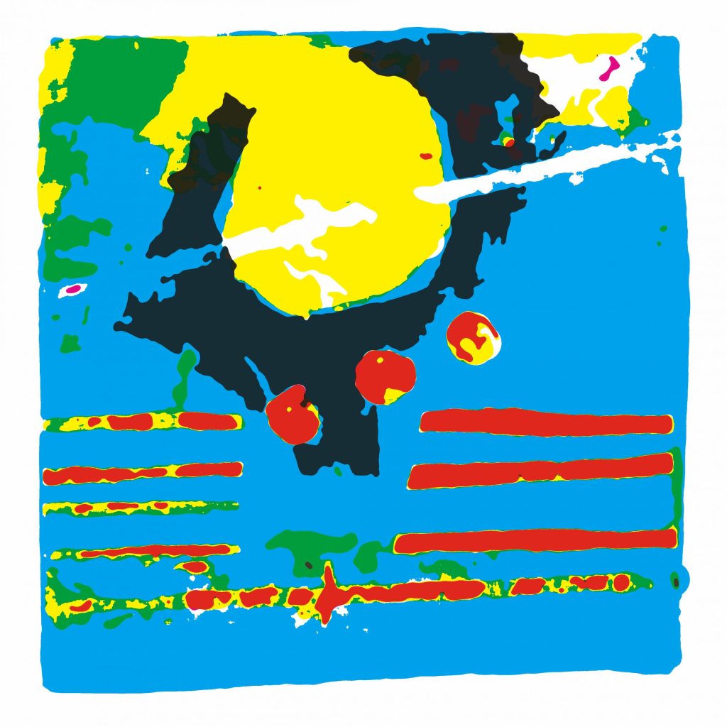 Digital print mainly in blue and yellow