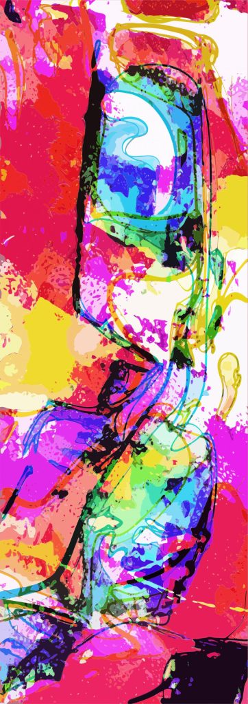 vertical format multi coloured digital print with blocks of soft colours