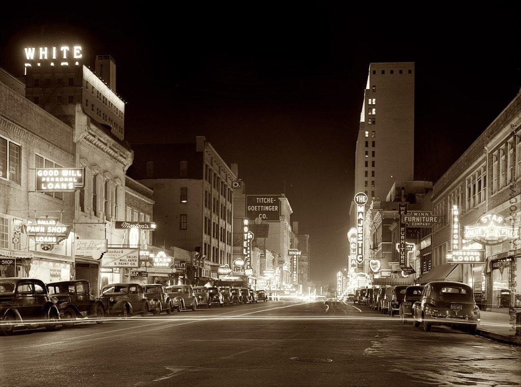 Monochrome photo of Dallas at night 1942