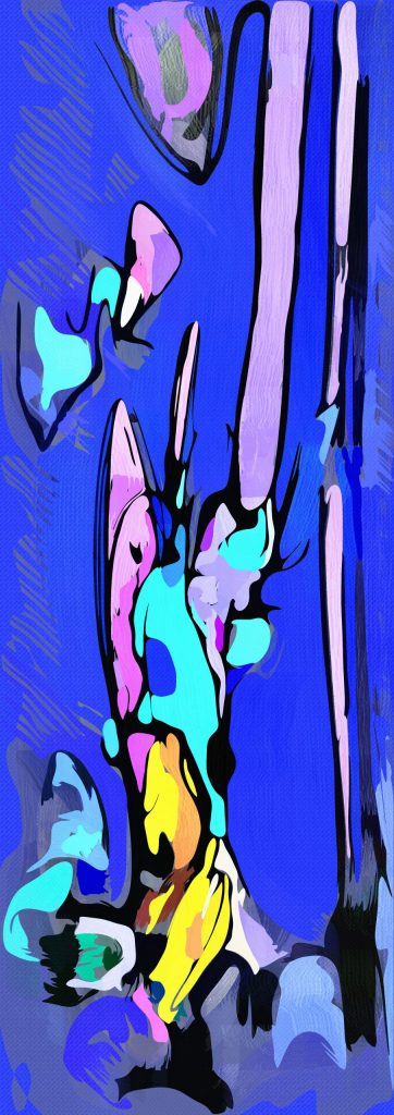 vertical format digital print in shades of blue with dash of yellow and strong graphic lines