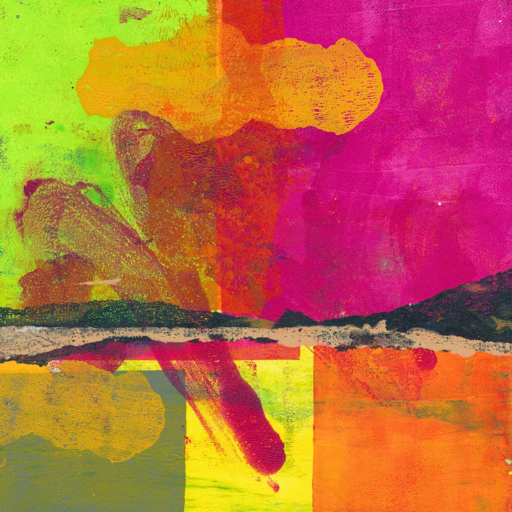 A monotype print with blocks of colour in greens, yellow, magenta and orange