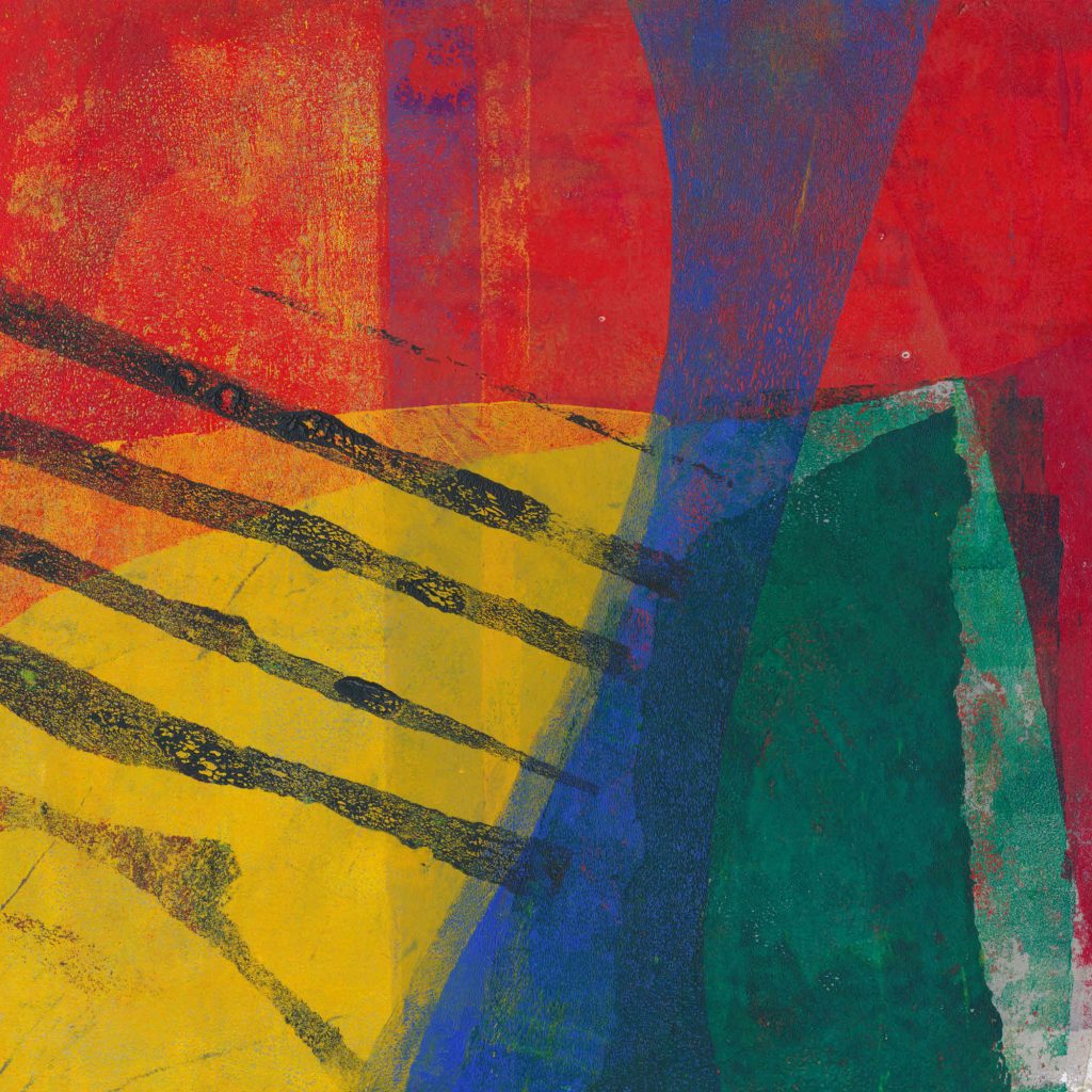 Abstract print in cadmium yellow, red, orange, blue and green