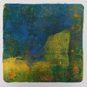 Monotype print in blue and yellow
