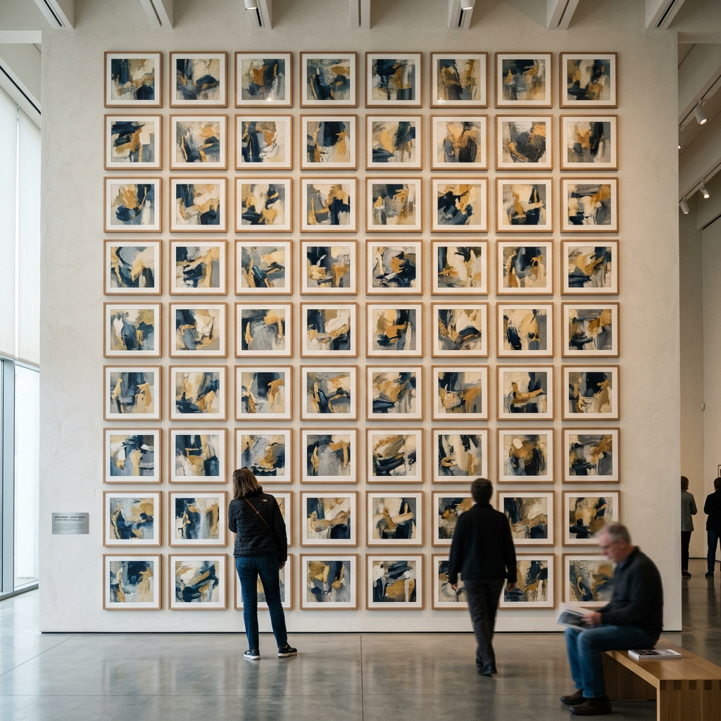 Visitors viewing a grid of 64 abstract paintings in a gallery